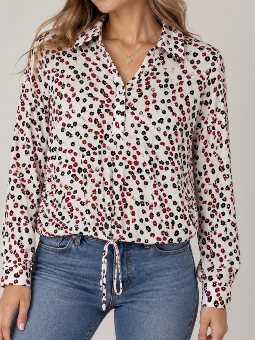 Women's White Floral Button-Front Drawstring Blouse